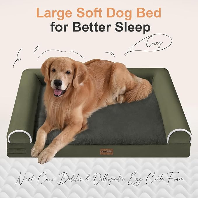NANUYA Orthopedic Dog Bed for Medium Dogs, 30 x 20 Inch, Dark Green | Egg crate foam for joint support, 3-sided bolster pet sofa, waterproof lining, washable cover, and non-skid base