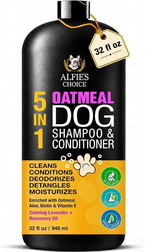 Oatmeal Dog Shampoo and Conditioner for Sensitive Skin with Aloe 32 fl oz | 5 in 1 Puppy Shampoo for Itchy, Sensitive Skin | Cleans, Conditions, Deodorizes & Moisturizes For All Breeds | ALFIE'S CHOICE