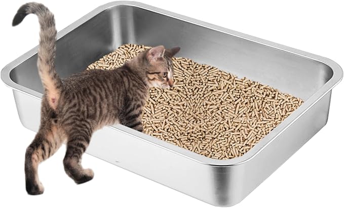 2 Pack Stainless Steel Cat Litter Box, 15.7"×11.8"×4" Metal Litter Pan, Small Litter Box for Little Cats Kittens, Easy Cleaning