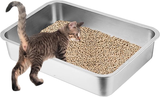 2 Pack Stainless Steel Cat Litter Box, 17.7"×13.8"×2.8" Metal Litter Pan, Small Litter Box for Little Cats Kittens, Easy Cleaning