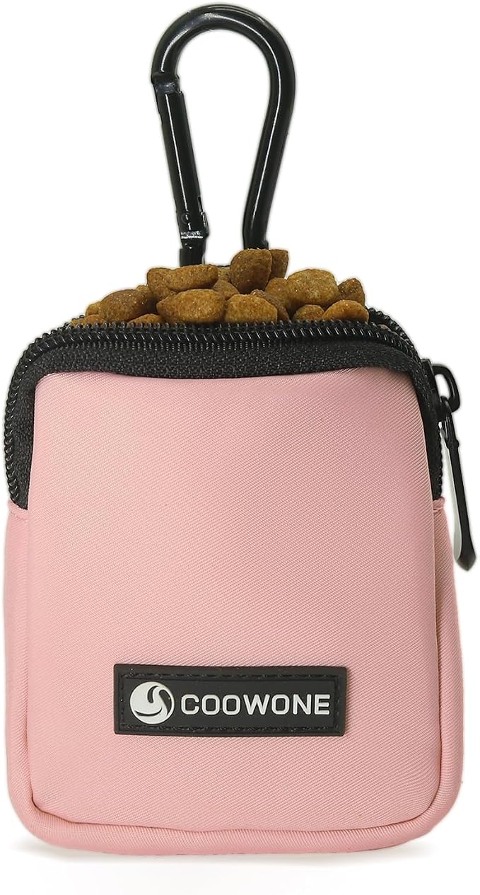 Dog Treat Pouch Pocket Sized Pet Puppy Training Pouch for Dog Training Behavior Aids, Waterproof Nylon Fabric Dog Poop Bag Holder, Hands Free Dog Walking Bag with Metal Carabiner (Pink)