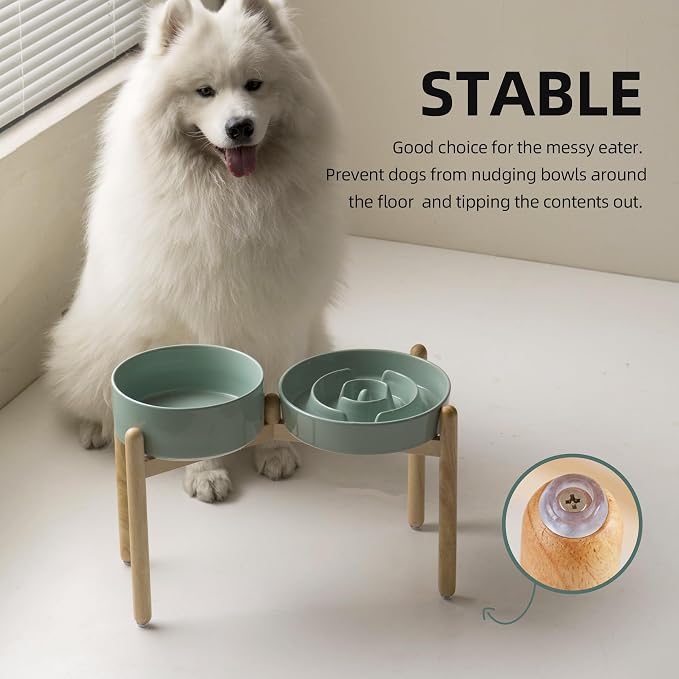 Havniva Elevated Slow Feeder Dog Bowls, Ceramic Dog Bowl Slow Feeder Set | 3.2 Cups Raised Slow Feeder Dog Bowl for Large Breed, 8.2” Dog Water Bowl with Wooden Stand, Puzzle Dog Food Bowl, Non-slip