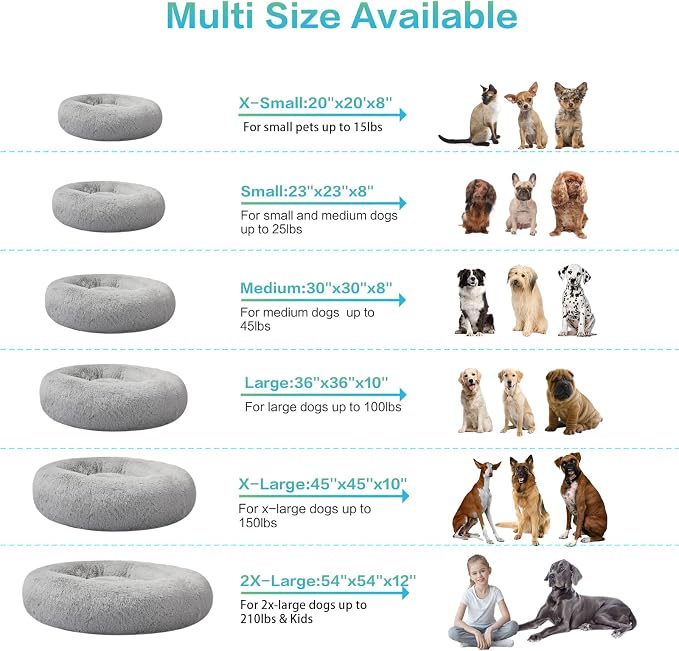 SAVFOX 23 inches Calming Donut Dog Bed - 3X Durable Plush Faux Fur, Machine Washable & Non-Slip, Fits up to 25 lbs, Light Grey