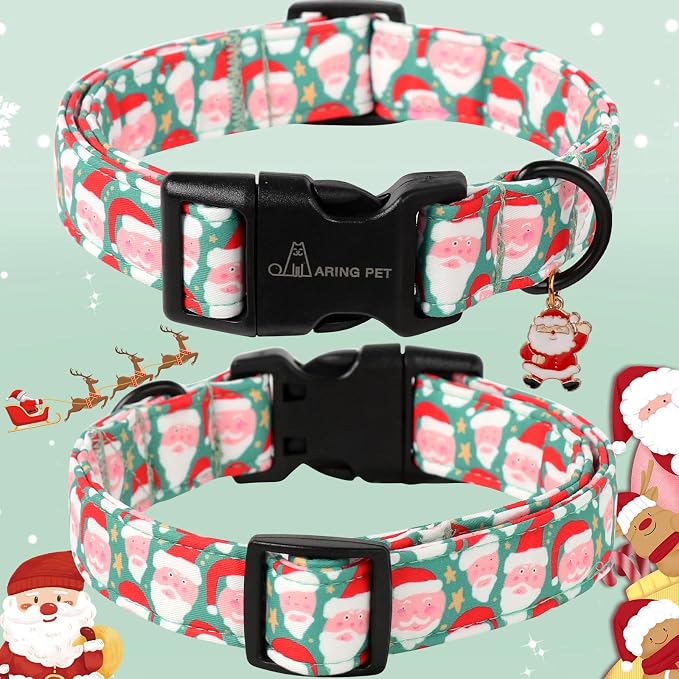 ARING PET Christmas Dog Collar, Cute Green Santa Claus Adjustable Xmas Pet Collars Puppy Collar with Quick Release Buckle for Girl&Boy Dogs-M