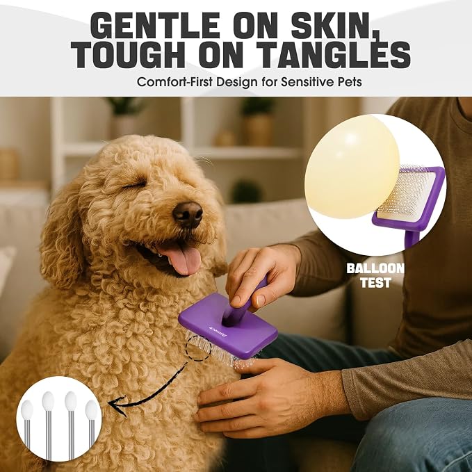 Bonteck Dog Slicker Brush for Dogs Grooming Kit 5PCS | Large Dog Brush for Goldendoodles Poodles Doodles | Long Pin Haired Brush | Poodle Brushes and Comb (Purple)