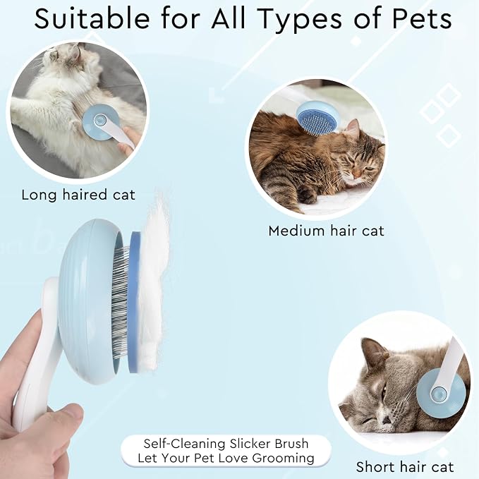 Cat Grooming Glove Brush, Self-Cleaning Slicker Pet Brush | Dog Bath Brush for Shedding and Grooming, Removes Loose Hair and Tangles for Short and Long Haired Pets, Blue