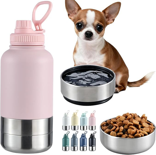 Cibaabo Insulated Dog Water Bottle with 2 Bowls, 32oz Travel Stainless Steel Double Wall Thermos, Portable Pet Dispenser, Gifts for Puppy Small Medium Dogs Walking Hiking and Camping