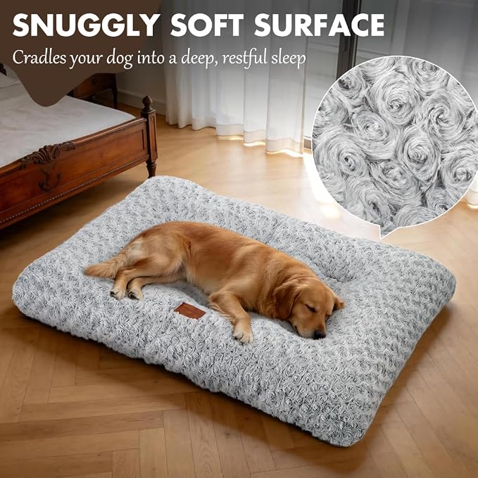 Dog Bed Crate Pad - Rosette Pattern White Velvet Pet Bed Anti-Slip Comfy Kennel Pad for Crates Rosette Grey L