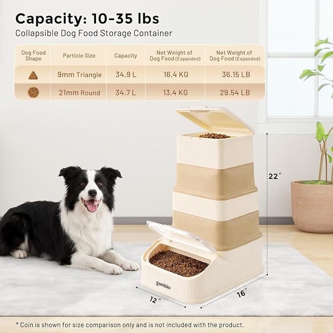 ZOMISIA 30-40lbs First-in, First-out Collapsible Dog Food Storage Container | FIFO System Easy Dispense Base for Freshness, Cat Food Storage Containers with Transparent Lid and Scoop