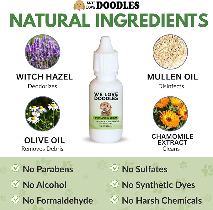 Ear Serum for Dogs, Dog Ear Cleaning Solution, Natural, Made in USA, 1oz | Advanced Dog Ear Cleaning, Reduces Itching, Odor & Wax, Ear Drops for Dogs, Golden Doodle & Poodle Ear Flush, Puppy Essential