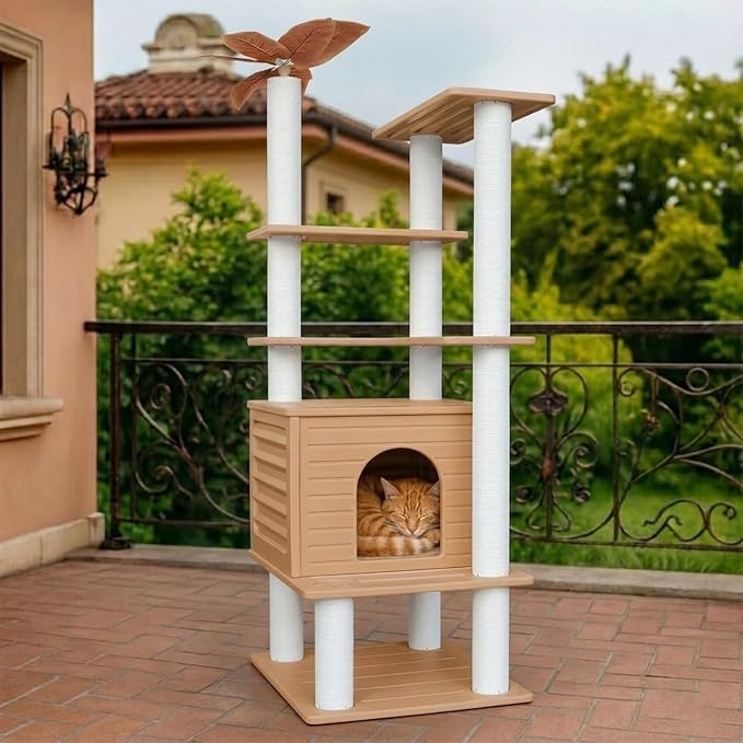 63in Outdoor Large Cat Tower,Weatherproof Multi-Level Design with Cat Condo | Khaki Heavy-Duty Cat Tree with Waterproof PE Panels,Durable Cat Scratching Posts,for Indoor and Outdoor Cat Houses CTT-6