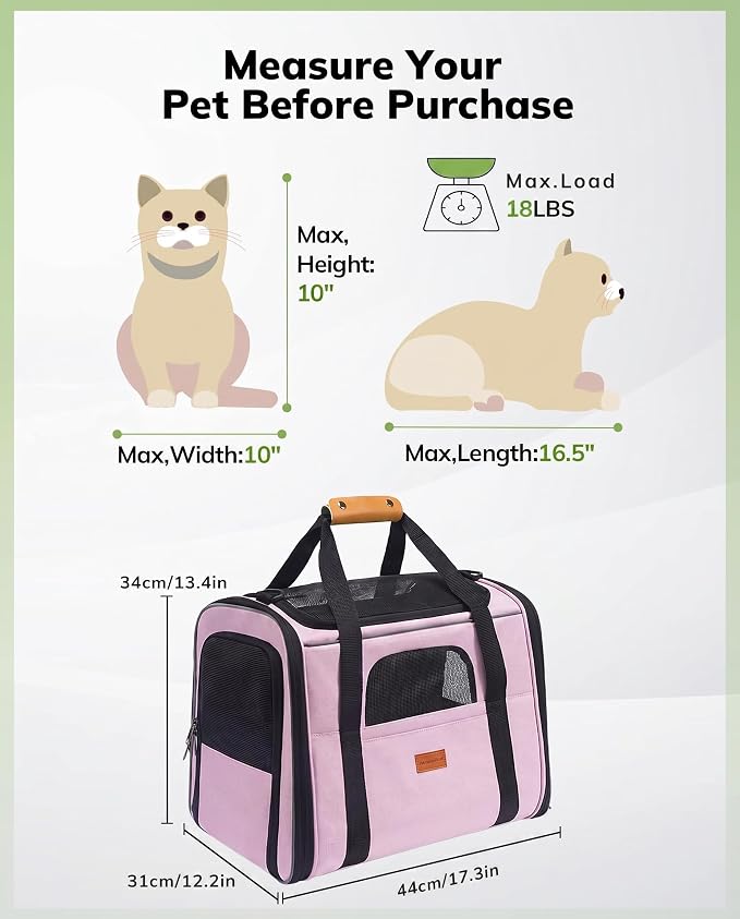 Morpilot Portable Cat Carrier - Soft Cat Carrier for Medium Cats and Puppy up to 15lbs,with Dual-Sided Cushion, Secure Buckle and Foldable Bowl, Dog Carriers for Small Dogs - Pet Carrier (Pink)