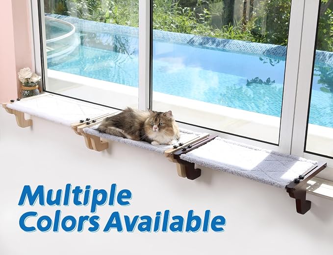 Zakkart Easy Seat Cat Perch for Windowsill (Natural Wood/White, M) | Hook-On Windowsill Mount, Clean Hammock Design, Premium Wood & Robust Metal Frame, Machine Washable Bed, 23"W x 14"D