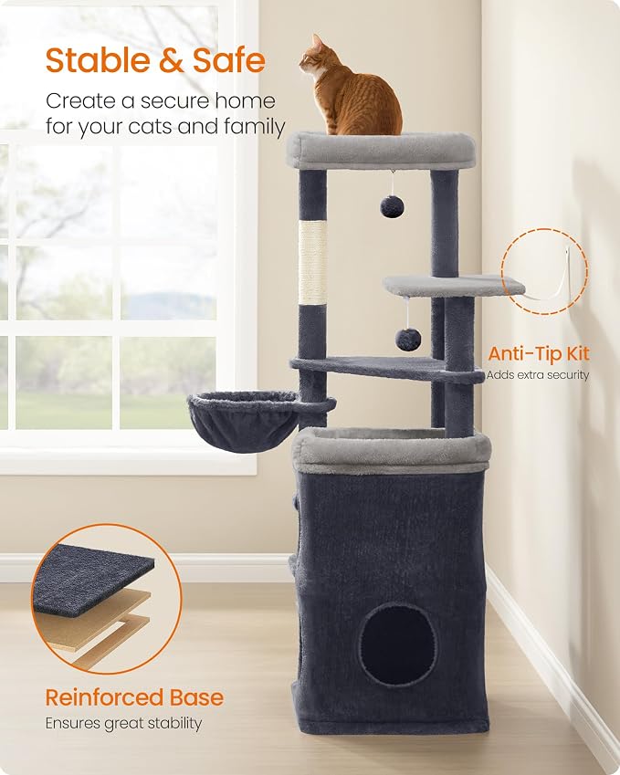 Feandrea Cat Tree Indoor, 60" Multiple-Level Plush Cat Tower, Dark Gray | 2 Caves, 3 Steps, 3 Scratching Posts, 3 Ball Toys, Cat Condo House for Large Adult Cats, UPCT007G02