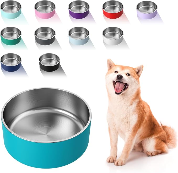 WENBOKMIN Dog Bowl, Stainless Steel Dog Food and Water Bowl with Non Slip Quiet Bottom, Easy to Clean, Dishwasher Safe, 64oz, Lake Blue