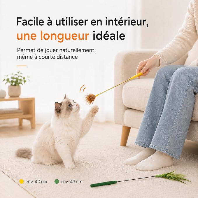 Mini Cat Wand Toy Set - Fast Motion Interactive Cat Teaser, Small Feather & Flowing Feather Tips, Flexible Wire Wand for Indoor Cats, Close-Range Play, 2 Pack