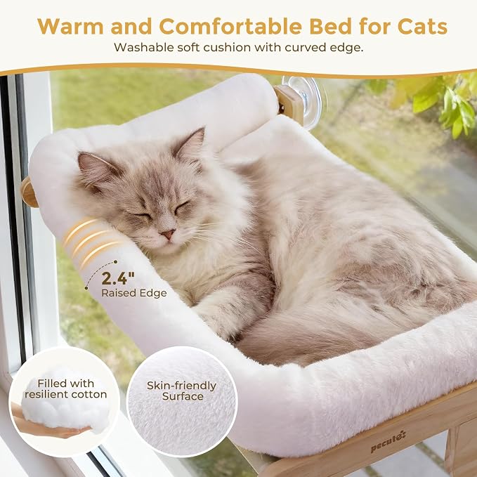 Pecute Foldable Cat Window Perch, Cloud-Soft Cat Bed with Wood Frame, 26" L | Solid Wood, Strong Suction Cup, Washable Cushion, Sided Bolster, Large Cat Hammock Indoor for Sunbathing, Bird Watching