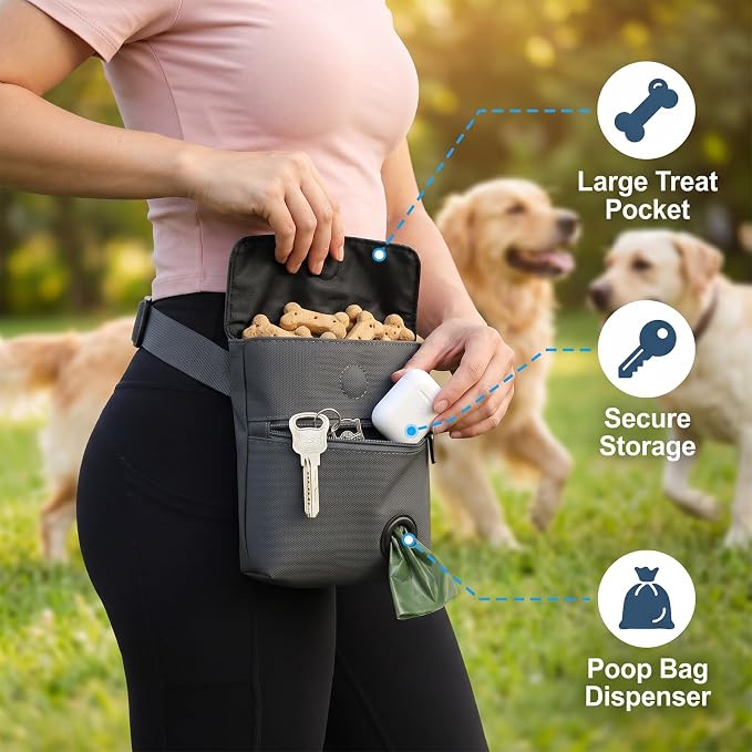 Dog Treat Pouch and Dog Training Clicker, Treat Bag with Poop Bag Dispenser, Powerful Magnetic Clasp, Metal Clip Waist Belt Fanny Pack for Pet Walk Dog Training (Dark Grey)