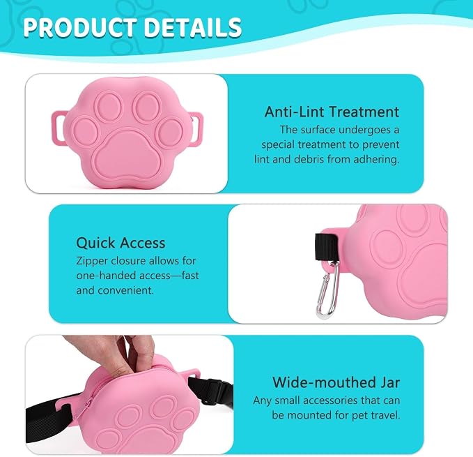 Dog Treat Pouch with Training Clicker and 2 Poop Bags, 1.8 Cup Small Sealable Zipper Silicone Fanny Pack with Waist Belt, Pet Puppy Training & Walking Essentials (Pink)