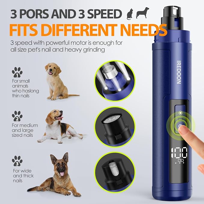 IREDOON Dog Nail Grinder Upgraded - Professional 3-Speed Super Quiet and Low Vibration Electric Pet Nail Grinder with 4 LED Lights - Painless Paws Grooming & Smoothing for Small to Large Dogs (Blue)