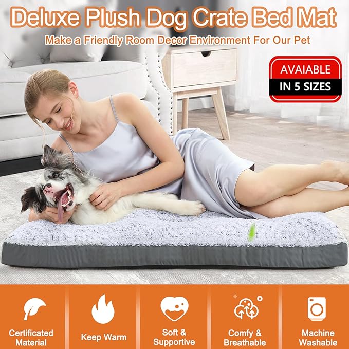 POCBLUE Deluxe Washable Dog Bed for Large Dogs Dog Crate Mat 35 Inch Comfy Fluffy Kennel Pad Anti-Slip for Dogs Up to 60 lbs, 35" x 23", Grey (Pack of 2)