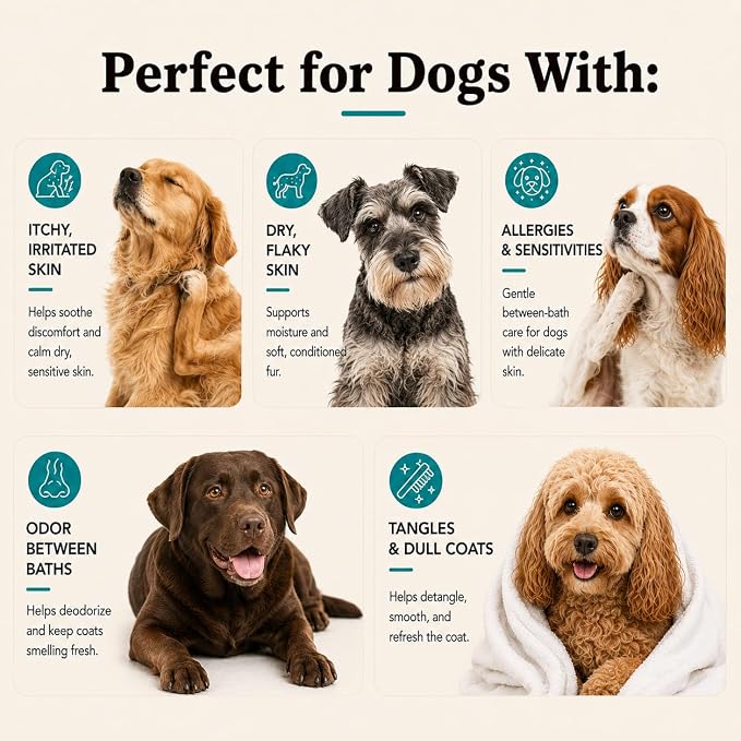 Natural Dog Company Sensitive Skin Dog Deodorizing Spray: Ideal with Sensitive Skin Dog Shampoo, Long Lasting Dog Perfume, Dog Spray Deodorizer, Neutral Scented Dog Spray with hints of Lavender, 8 oz