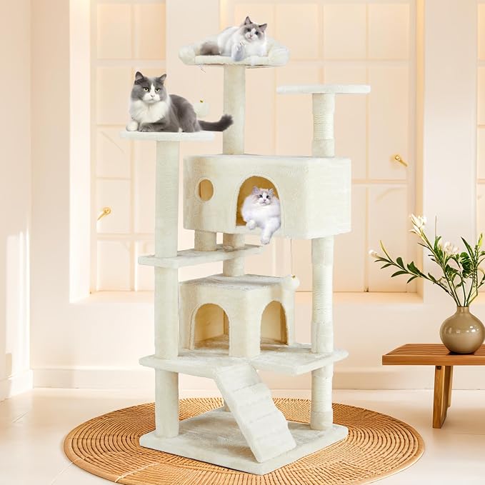 Cat Tree Tower for Indoor Cats, 54 Inches Multi-Level Activity Cat Tree with Sisal Scratching Posts Cat Play House Large Kitten Condo Funny Toys Climbing Ladder, Beige,Premium