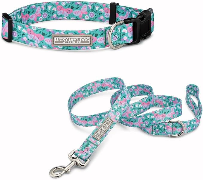 Lucky Love Dog Collar and Leash Combo, Vivid Floral Matching Girl Dog Leash and Collar Set for Small Dogs - (Mariposa Combo, Small)