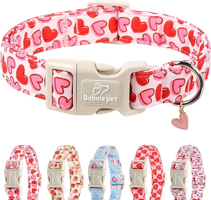 Valentines Dog Collar for Small Dogs - Pink Valentine Hearts Dog Collars, Girly Love Female Dogs Collars, Lightweight Adjustable Cute Puppy Collar with Quick-Release Buckle S