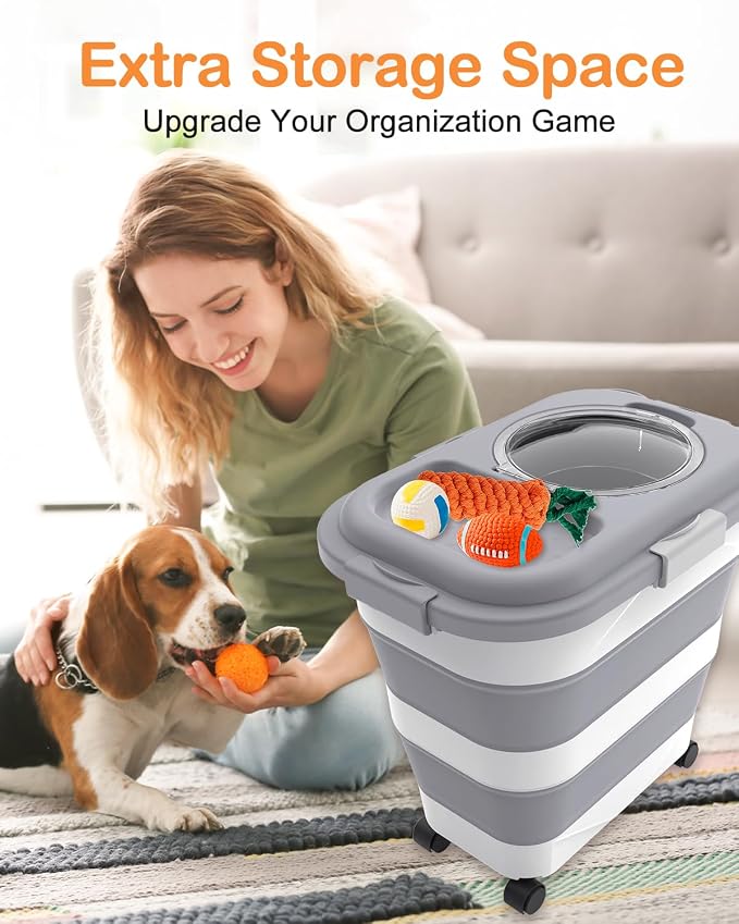 25-28Lbs Dog Food Storage Container Airtight,Collapsible Pet Food Storage | Dog Food Container with Handle,Wheels,Double Airtight Seal Fresh,Save Space,Pest/Mouse-proof,Small Cat Food Container,Scoop