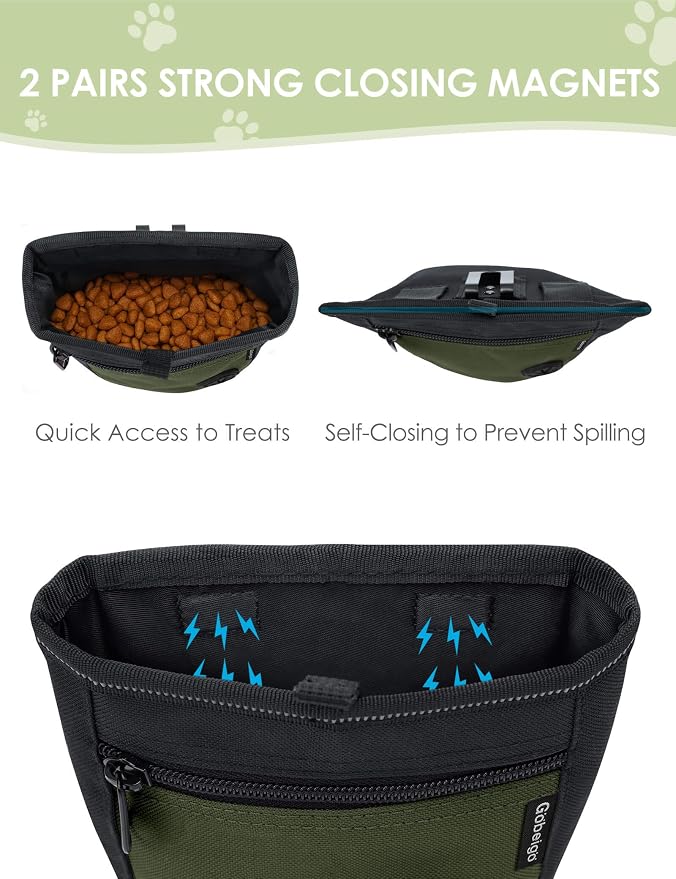 2 Cup Dog Treat Pouch with Training Clicker(Black/Army Green) | 2 Pair Magnetic Closures, Zipper Pocket with Poop Bag Holder, Waist Belt & Metal Clip to Wear for Pet Training/Daily Walking