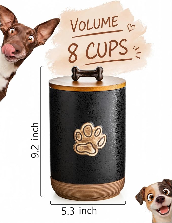 Miamolo Dog Treat Storage Container, Ceramic Dog Treat Jar with Airtight Lid, Puppy Treats Food Canister for Kitchen Counter Farmhouse Decor, Gift Doggie Snack Jar for Counter, Paw Glinting Black