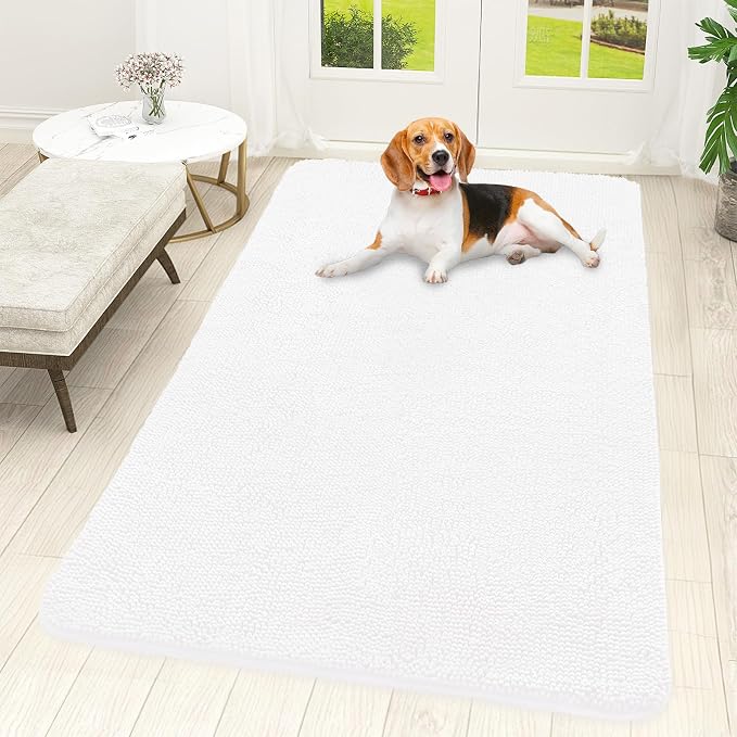 OLANLY Dog Door Mat for Muddy Paws 59x32, Super Absorbent Chenille Mud Mat | White, Absorbs Moisture and Dirt, Non-Slip Machine Washable Doormat, Quick-Drying Indoor Entryway Floor Carpet for Dogs