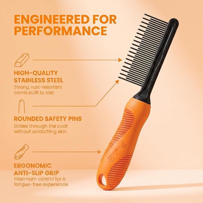 Poodle Grooming Comb - Metal Dematting Comb with Long & Short Stainless Steel Teeth for Removing Matted Hair & Knots, Safe and Gentle for Dogs & Cats (Orange)