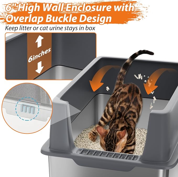 Stainless Steel Litter Box with Lid, XL Metal Cat Litter Box with Removable High Sided Enclosed, Foot Pedal & Scoop & Litter Mat for Big Cats, Anti-Urine Leakage, Non-Stick Bottom, Easy Cleaning