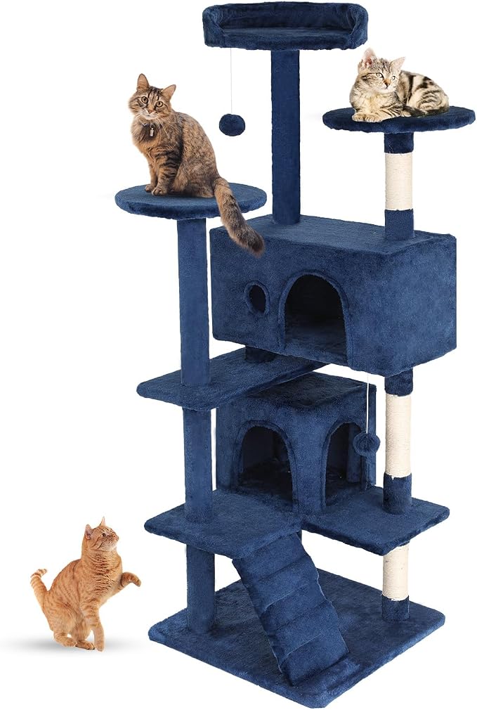 FDW | 54" Cat Tree Tower | Navy Blue | Multi-Level Indoor Activity Center | with Sisal Scratching Posts, Condos, Plush Perches, Hanging Cat Toys | Sturdy, Easy to Assemble | for Kittens & Adult Cats