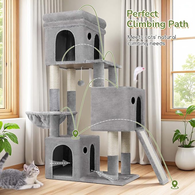 Globlazer Heavy Duty Cat Tree for Indoor Cats Large Adult, F52B, Light Grey | 3 Condos, Extra-Large Baseboard, Removable Top Perch, 4 Sisal Posts & Board, Hanging Basket, Anti-Topple Strap, Easy Setup