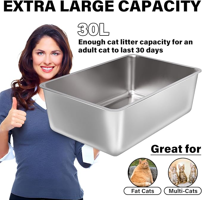 Stainless Steel Litter Box 2 Pack, 23.6x15.8x8 Inch(Deep) Stainless Steel Cat Litterbox XXL with High Sides, Non Stick No Smell Easy Clean Jumbo Metal Litter Boxes for Big/Fat Cats