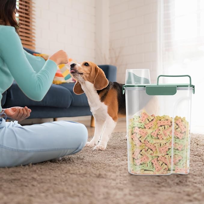 LEAWALK 5-7lbs Dog Cat Storage Container Portable with Upgraded Large Spout and Cup, Plastic Pet Food Dispenser for Small Animal Kibble, Bird Seed,Oatmeal, Rice,Flour, Brown Sugart-Green 2pack