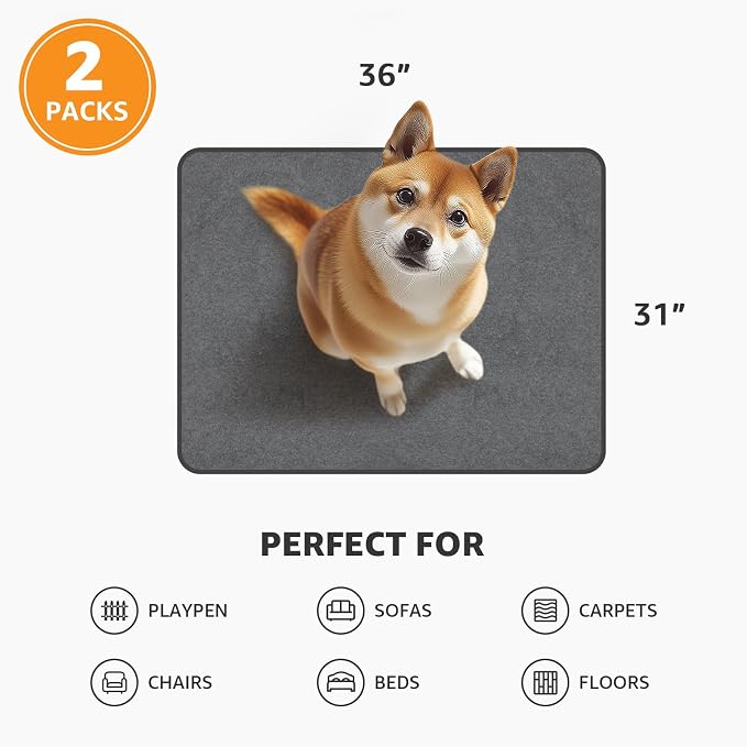 Dog Pee Pads Washable, 2 Pack Dog Training Pads with Non-Slip Bottom, 31x36 | Waterproof, Fast Dry, Reusable Playpen Mat, Floor Mat for Puppy, Dog Training, Senior Dog Incontinence, Housebreaking