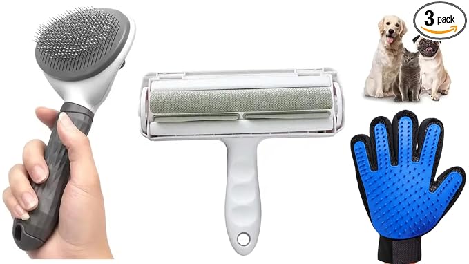 3-Pack Pet Grooming Kit for Dogs & Cats Self-Cleaning Slicker Brush, Deshedding Grooming Glove & Reusable Lint Roller Removes Loose Hair, Fur & Tangles, Easy to Clean