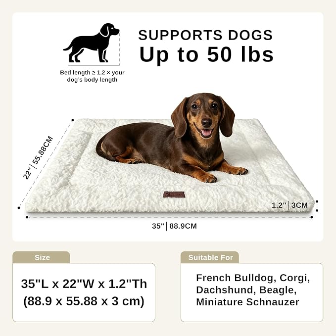Reversible Dog Crate Mat for Large Dogs, Oxford & Fleece, 35"x22",Beige | 1.2" Fill Preserves Crate Height,Fleece Cozy,Wipes Clean,Splash-Proof,Machine Washable, Folds Flat For 30" Wire Crate & Go