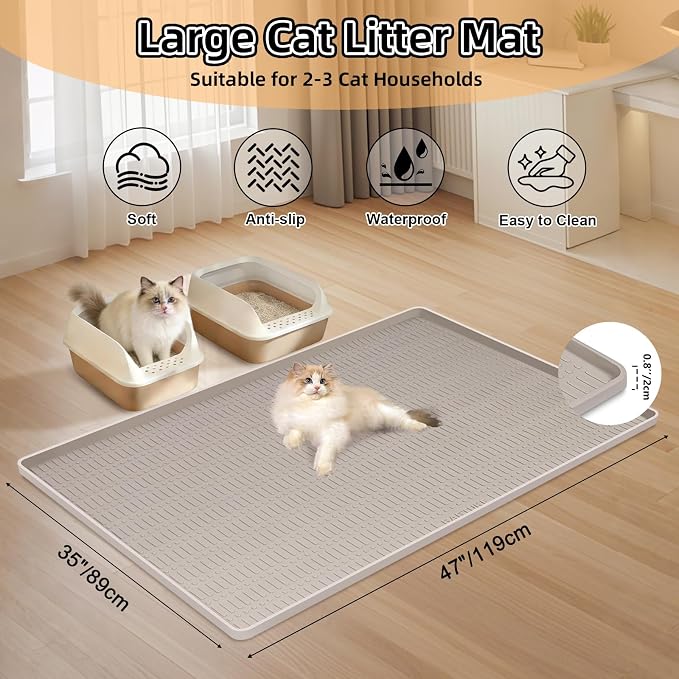 Silicone Cat Litter Mat 47" x 35" Cat Mat for Litter Box, Khaki | Extra Large Cat Litter Trapping Mat for Floor, Waterproof, Non-Slip Kitty Litter Box Mat with Raised Edge, Easy to Clean