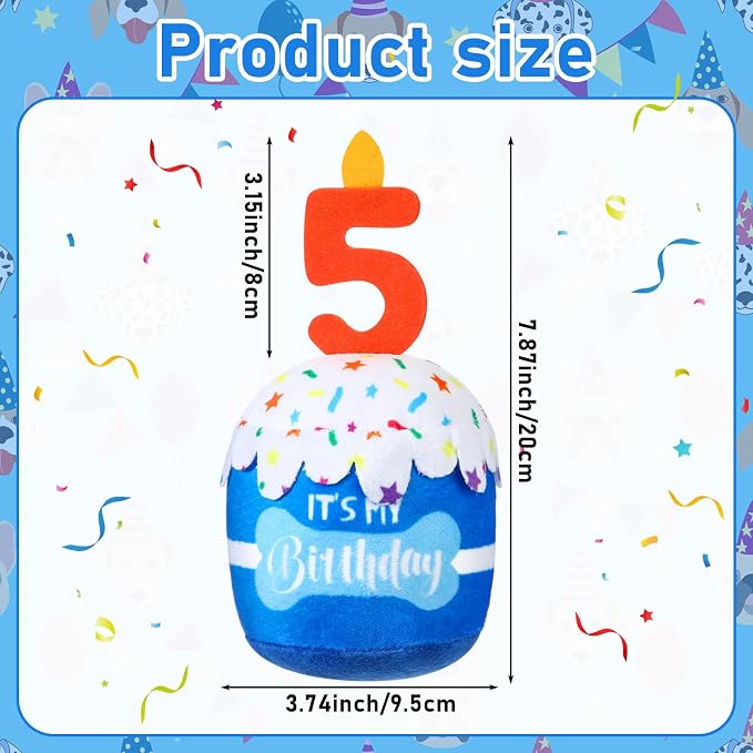 Dansydaisy Dog Birthday Cake Toy Squeaky Plush Toy for Girl Boy Gifts, Chew Accessories for Dog Birthday Party Decor Favor for Large, Medium and Small Dogs(5th,Blue)