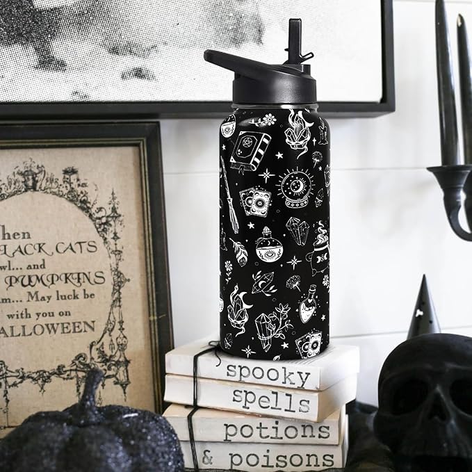 32oz Witch Insulated Aater Water Bottle with Straw Gym Hiking Sports Coffee Mug Cup Water Bottles,Halloween Gifts for Women,Goth Decor Stuff Accessories
