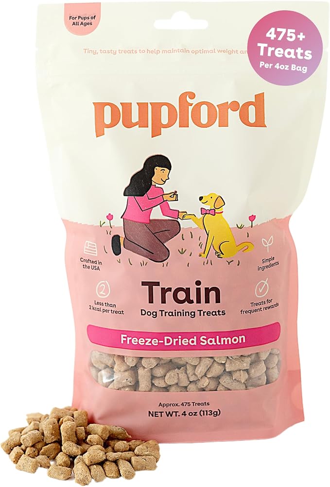 Pupford Freeze Dried Training Treats for Dogs & Puppies (Salmon, 4 oz) | 475+ treats per bag, Ultra low-calorie, Only 2 ingredients, All breed sizes, Mess free and bite sized, Trainer recommended