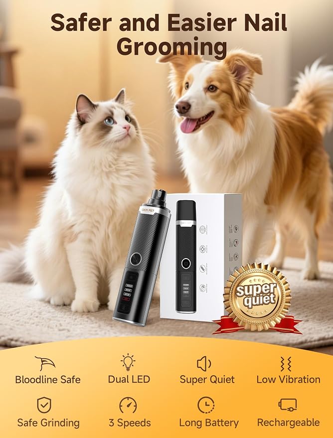 Dog Nail Grinder, Quiet Electric Dog Nail Trimmer with 2 LED Lights, 3-Speed Pet Nail Grinder for Dogs & Cats, Rechargeable 2000mAh Nail Grinder for Small Medium Large Dogs with Light, Black