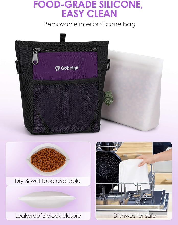 4 Cup Dog Treat Pouch with Silicone Insert Bag& Clicker(Purple) | 2 Pair Magnetic Closures, Belt Clip/Waist Belt/Crossbody Wear, Zipper Pocket Poop Bag Holder for Pet Training/Daily Walking
