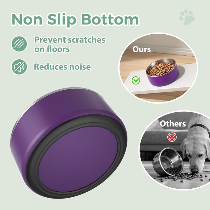 LIHONG Stainless Steel Dog Bowls for Large Dogs,Dog Food Water Bowls with Non Slip Rubber Bottom,Pet Feeding Bowl,Double Wall Insulated,Rustproof(64oz,Purple)