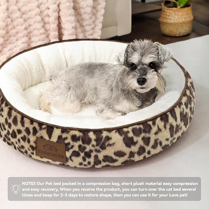 Zerbuger 20in Leopard Round Cat Dog Bed Gift for Large Medium Small Dogs Cats, Machine Washable Sleeping Sofa, Non-Slip Bottom Breathable Soft Calming Pet Cuddler for Indoor/Outdoor/Car/Cage
